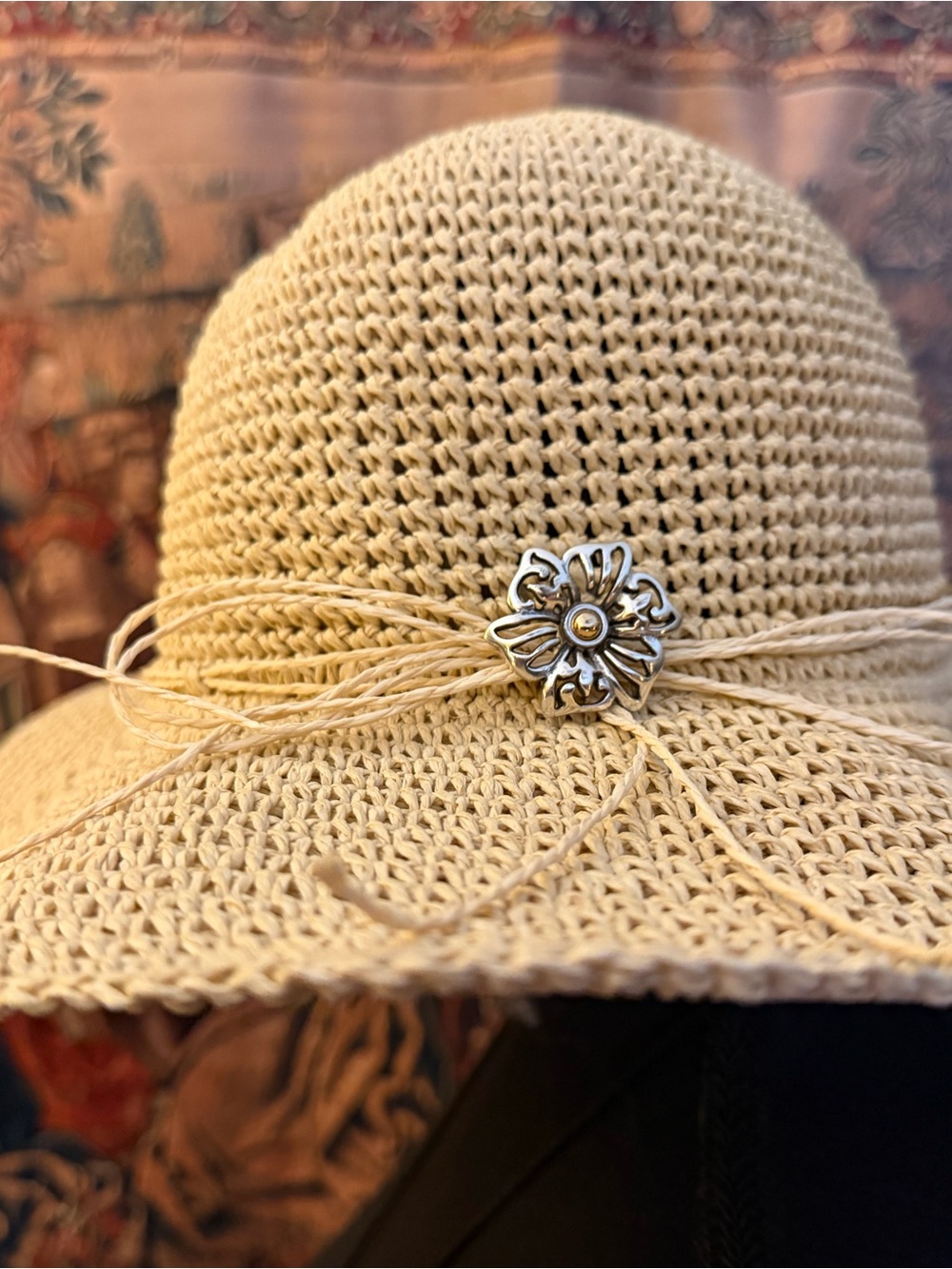 Brighton Beige Crochet Sun Hat with Floral Metal Accent